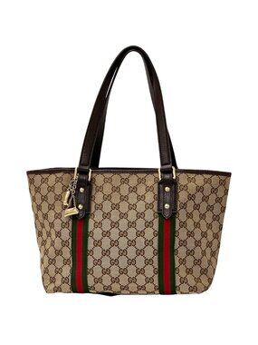 Gucci GG Canvas Tote Bag Brown Handle Work Shoulder Charm